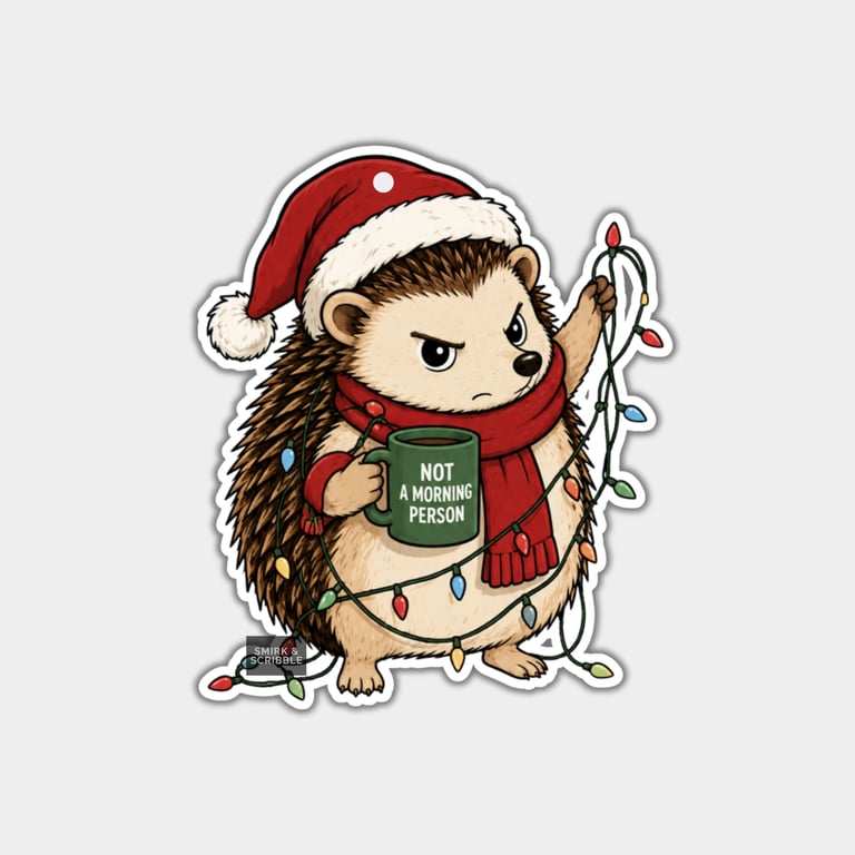 Unique Funny Christmas Gift Tags For Adults, 6pk - Cute Grumpy Hedgehog & Lights