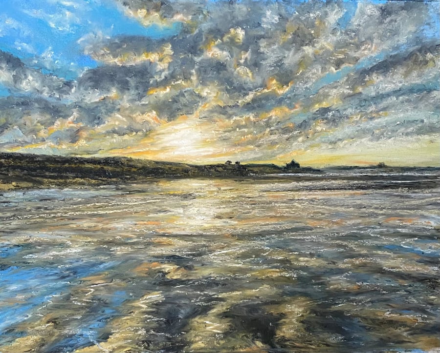 Framed Painting of Sea and Sunset,  Bamburgh Sunset 2 Northumberland  Coast