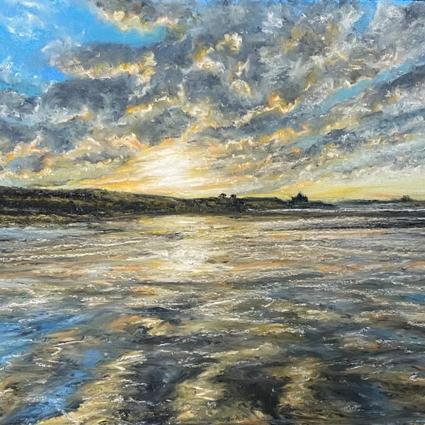 Framed Painting of Sea and Sunset,  Bamburgh Sunset 2 Northumberland  Coast