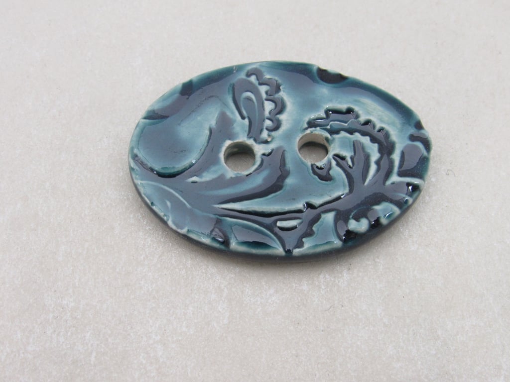 SECONDS Large Petrol Blue Brocade Oval Handmade Ceramic Button
