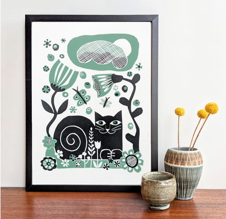 Cat in the Garden in green