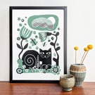 Cat in the Garden in green