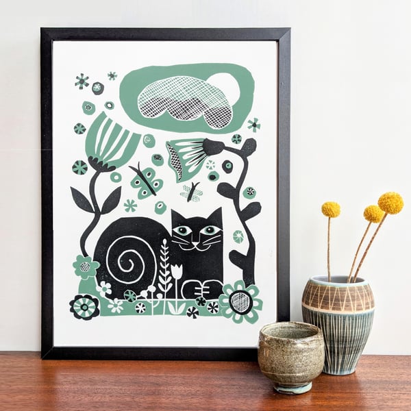 Cat in the Garden in green