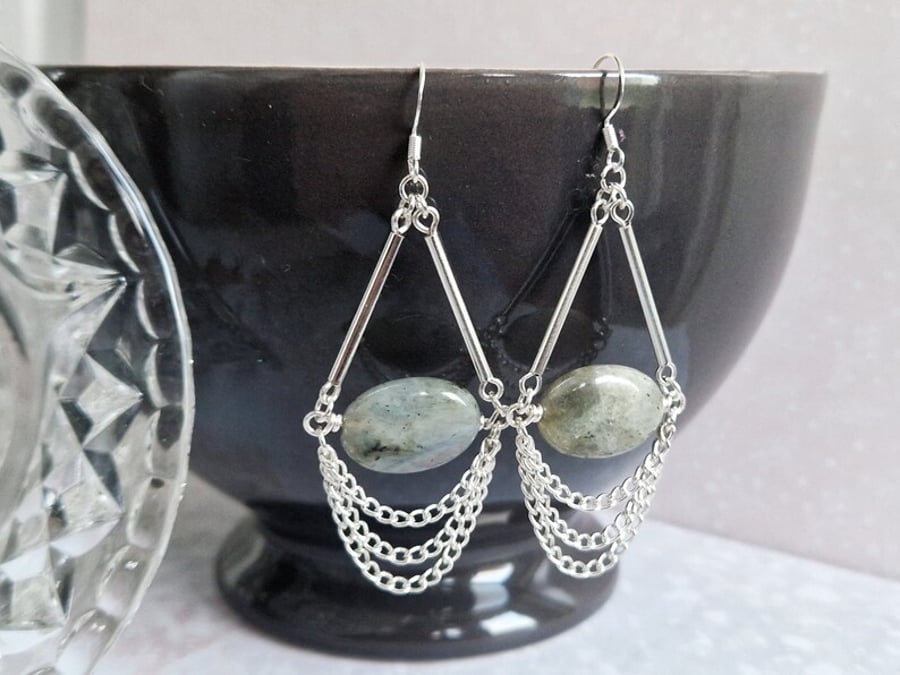 Sterling Silver and Labradorite Chain Earrings 