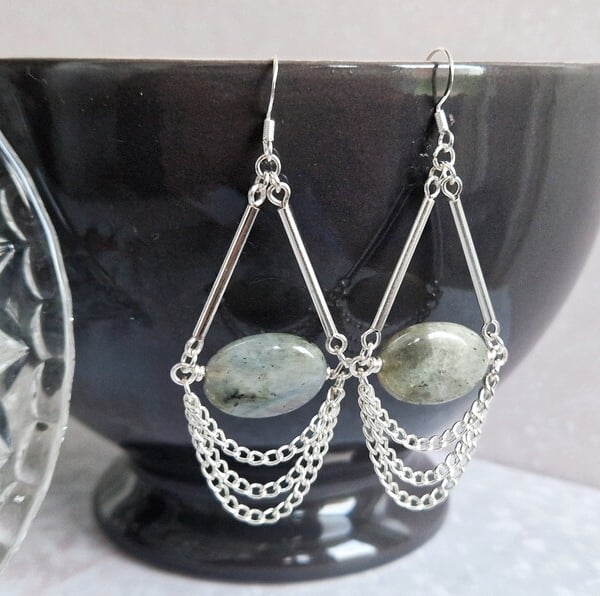 Sterling Silver and Labradorite Chain Earrings 