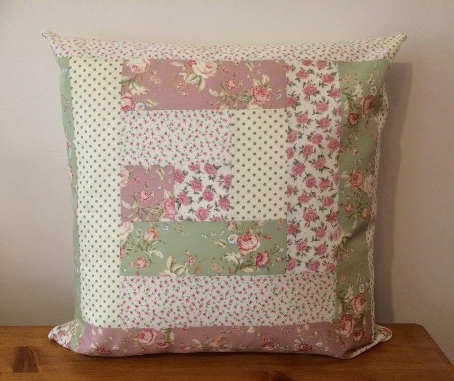 Patchwork Cushion Cover, Log Cabin Throw Pillow, Cotton Floral Fabric, 16", Zip