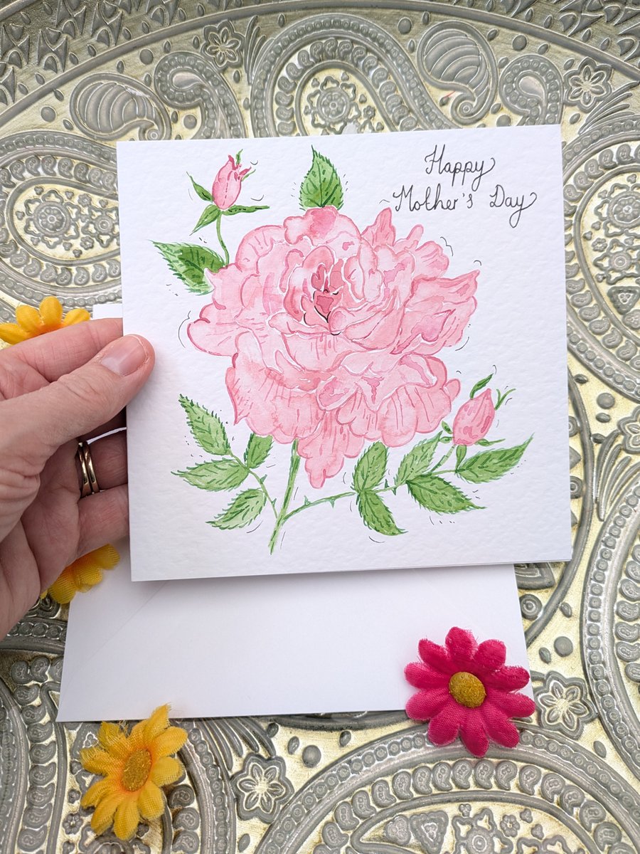 Pink Rose hand-painted personalised Mother's day card