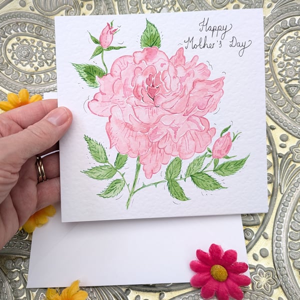 Pink Rose hand-painted personalised Mother's day card