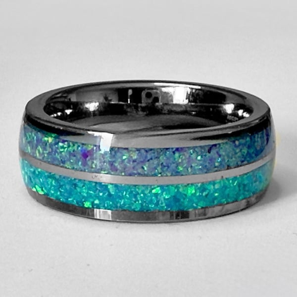 Opal Double Inlay Tungsten Carbide Ring Size Q