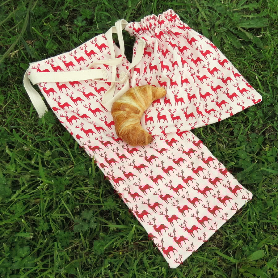 Cotton bread bags. Set of two. Baguette bag and Croissant bag. Reindeer design.
