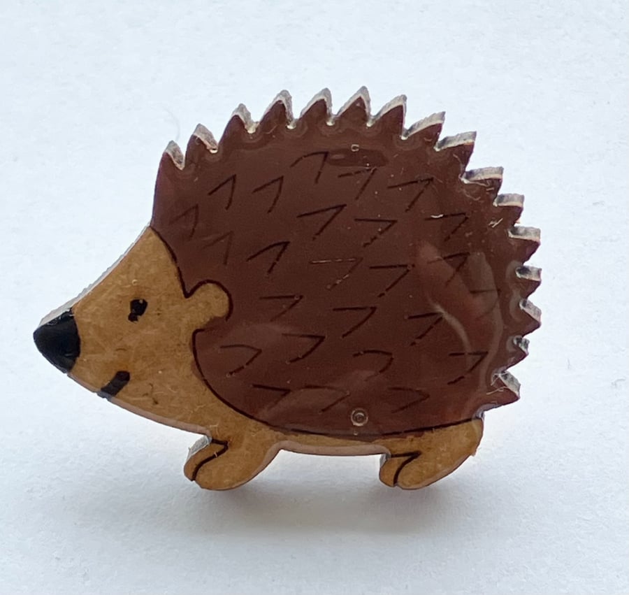 Handmade Glossy Wood Hedgehog Pin, Cute Woodland Animal Brooch with Resin Finish