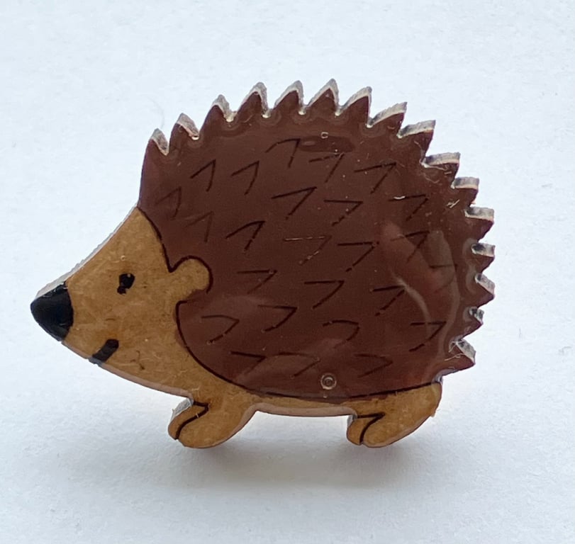 Handmade Glossy Wood Hedgehog Pin, Cute Woodland Animal Brooch with Resin Finish