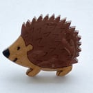 Handmade Glossy Wood Hedgehog Pin, Cute Woodland Animal Brooch with Resin Finish