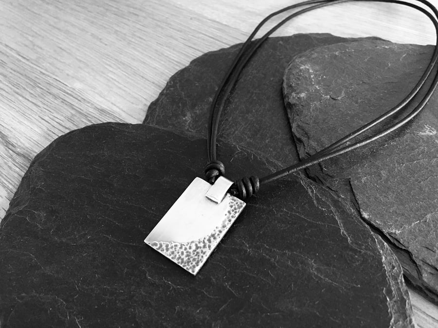 Oxidized Hammered Rustic Sterling Silver Necklace. Heavy Weight Men's Pendant