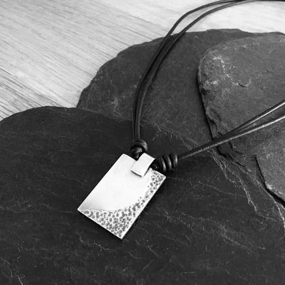 Oxidized Hammered Rustic Sterling Silver Necklace. Heavy Weight Men's Pendant