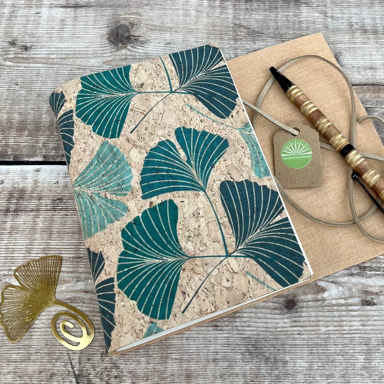 Cork Journal with Blue Ginkgo Leaves 