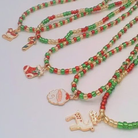 Red Gold and Green Bead Necklace with Gold Plated Enamelled Christmas Charms