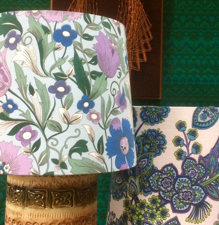 Floral blue and purple 70s Vintage Fabric Lampshade