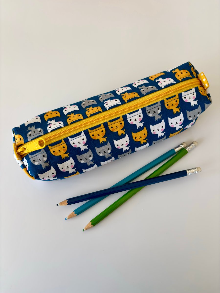 Cat pencil case - padded zipped fabric pouch for pens, crafts, makeup