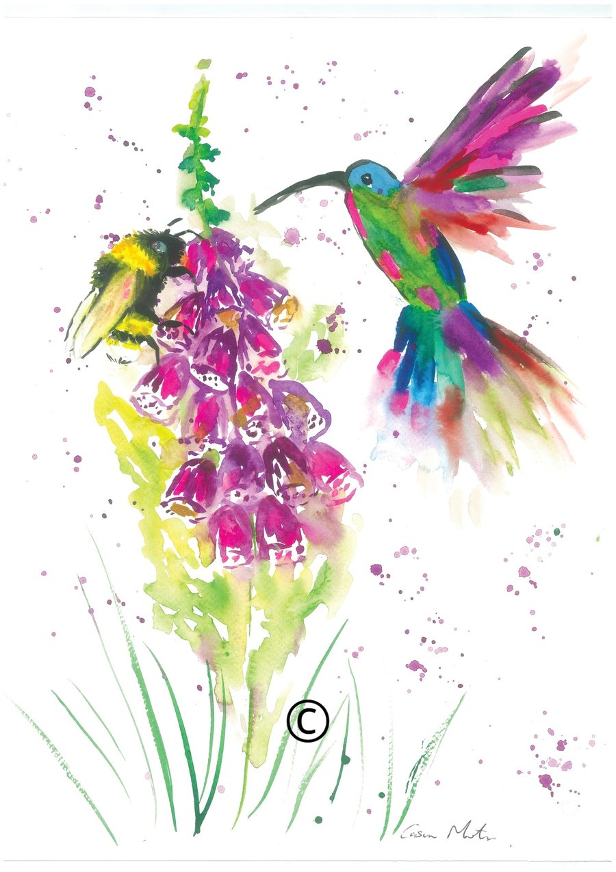 Hummingbird and Foxglove Greeting card 5" x 7" "IThe Sweet Taste of Nectar"