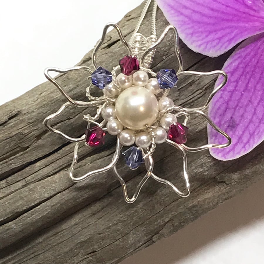 Silver Flower Pendant,with Crystals & Pearls, Gift For Her,