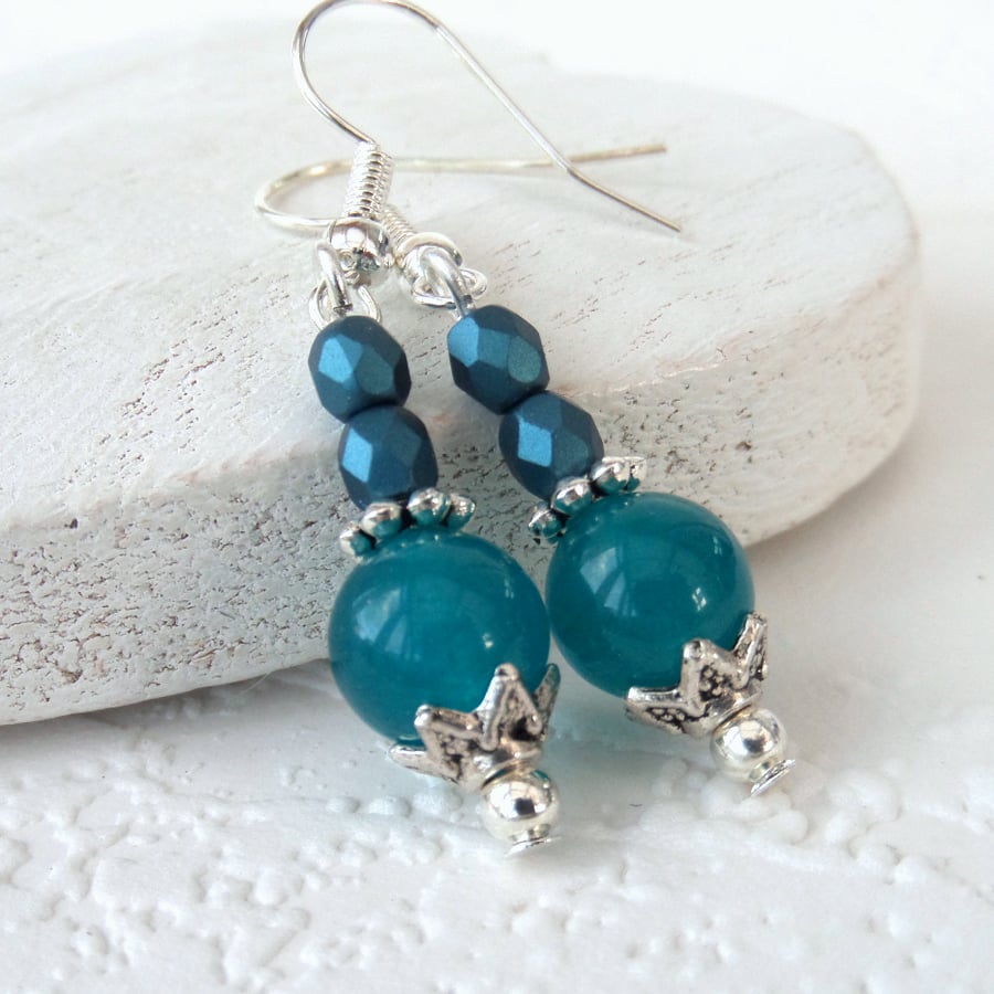 Turquoise blue jade and crystal earrings