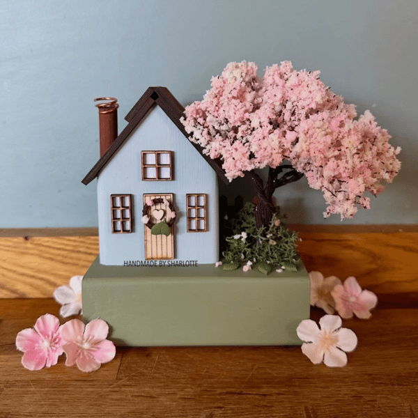 Handmade Blue Wooden Blossom Tree Cottage House, Scandinavian Spring Decor