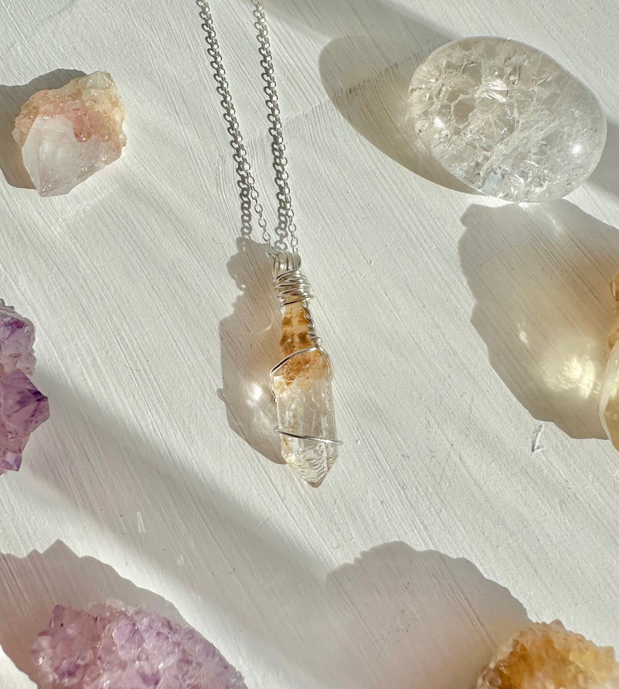 Elestial Quartz point crystal sterling silver necklace,Healing Crystal necklace,