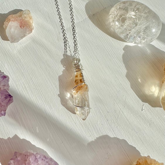 Elestial Quartz point crystal sterling silver necklace,Healing Crystal necklace,