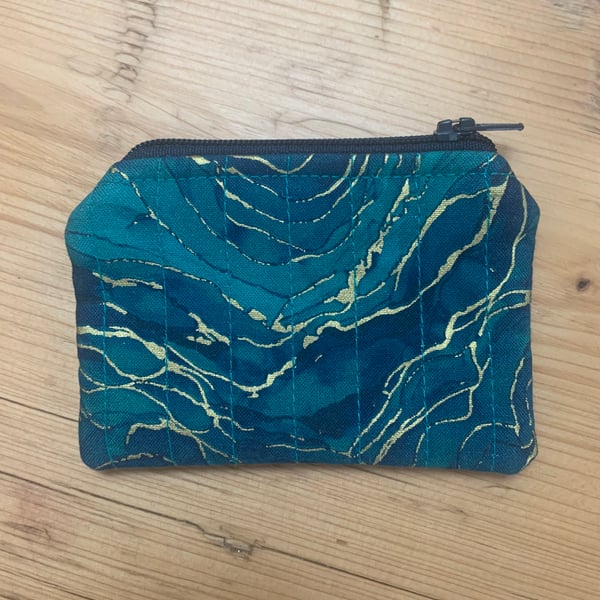 Green Navy And Gold Marble Effect Quilted Fabric Mini Purse