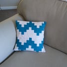 Patchwork cushion cover. Small turquoise and white zig zag cushion cover.