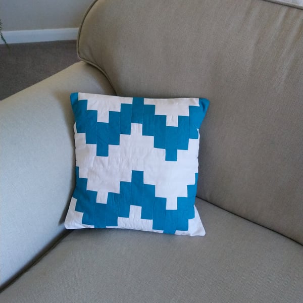 Patchwork cushion cover. Small turquoise and white zig zag cushion cover.