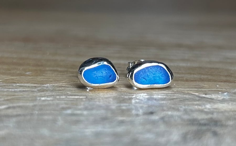 Handmade Sterling Silver Stud Earrings With Light Cornflower Blue Welsh SeaGlass