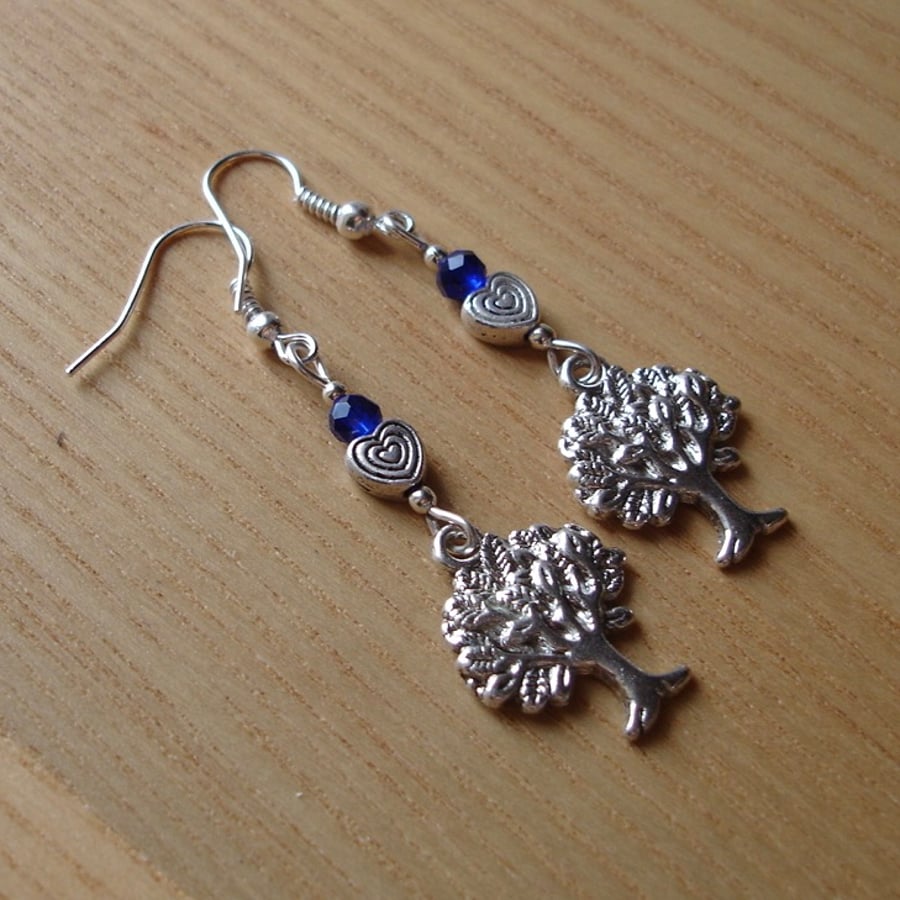 Blue Heart Tree of Life Charm Bead Earrings Gift for Her Valentines