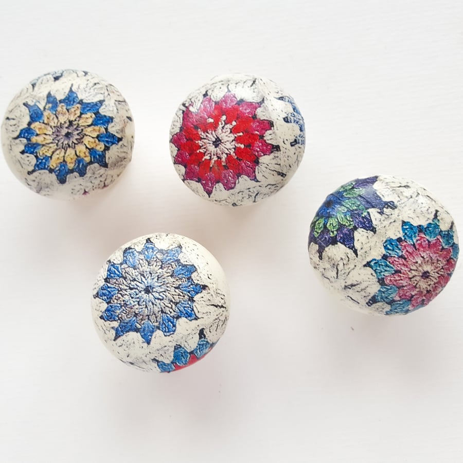 White wooden 4cm door knobs with crochet granny square decoupaged images 