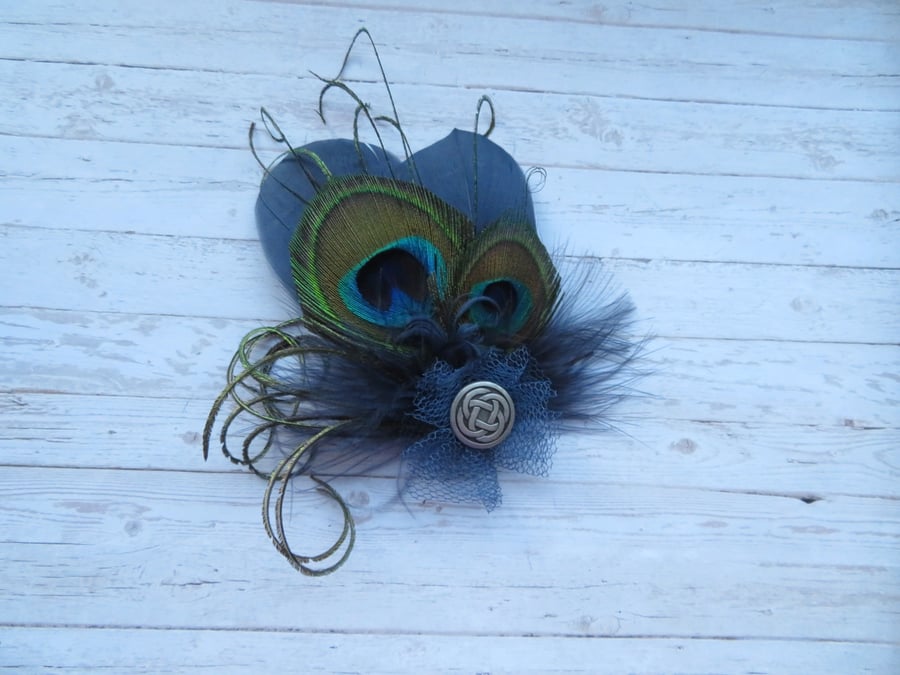 Navy Blue Peacock Feather Celtic Scottish Fascinator Hair or Hat Clip 