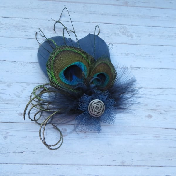 Navy Blue Peacock Feather Celtic Scottish Fascinator Hair or Hat Clip 