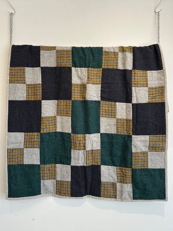 Green, Blue, Grey & Yellow Vintage Tweed Patchwork Quilt