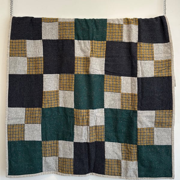 Patchwork Quilt in Green, Blue, Grey & Yellow Vintage Tweeds, Handmade in Wales