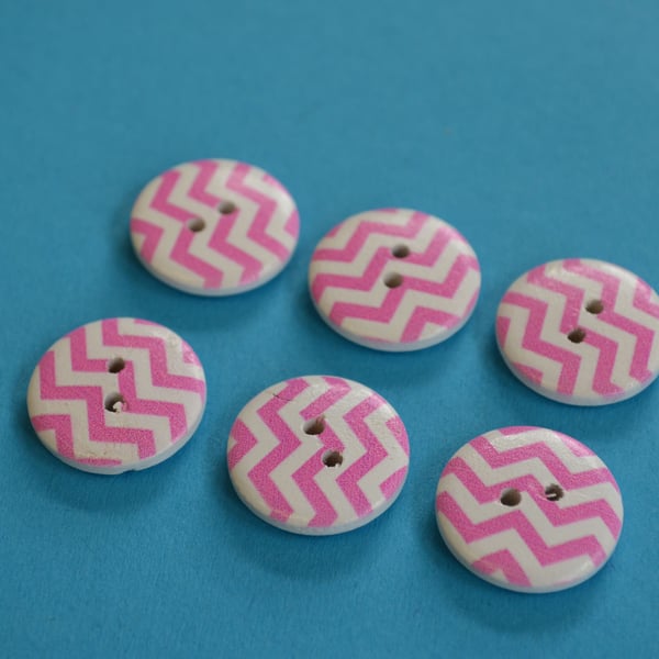 Wooden Hot Pink & White Zig Zag Buttons 6pk 20mm (MZ2)