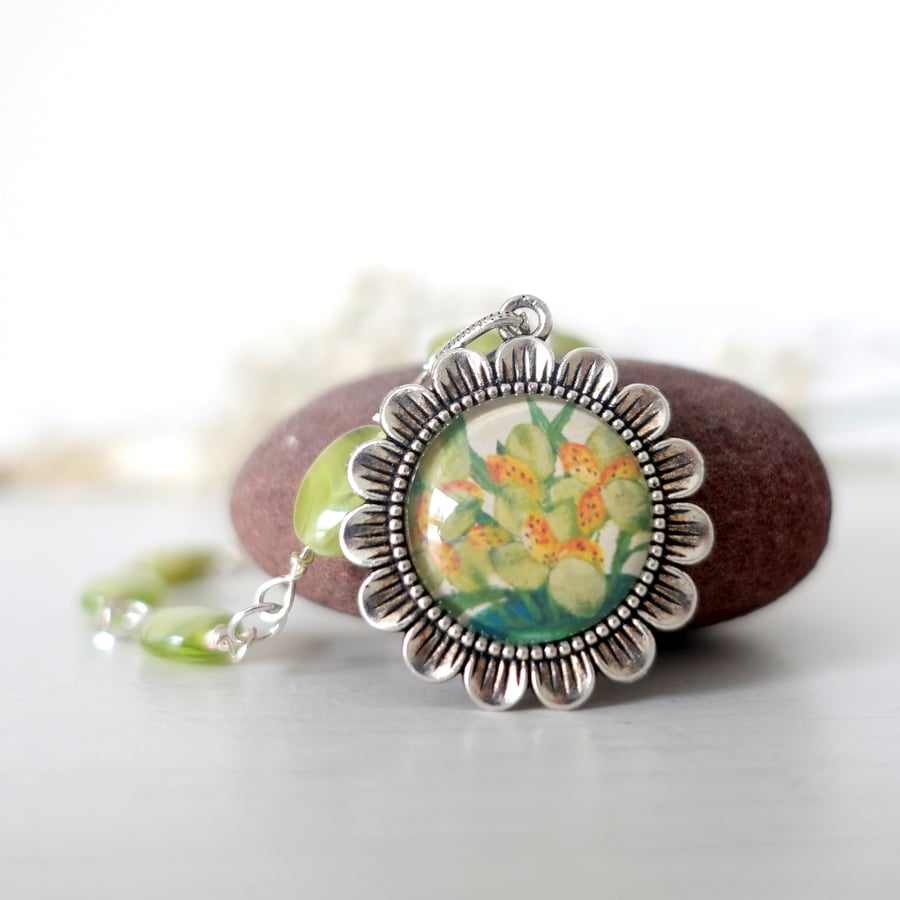 Green Pendant Necklace with Flower Art and Rosary-style Beadwork 