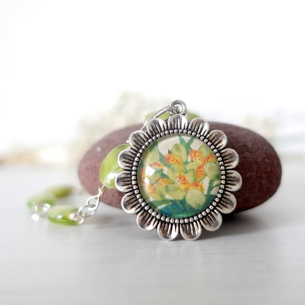 Green Pendant Necklace with Flower Art and Rosary-style Beadwork 