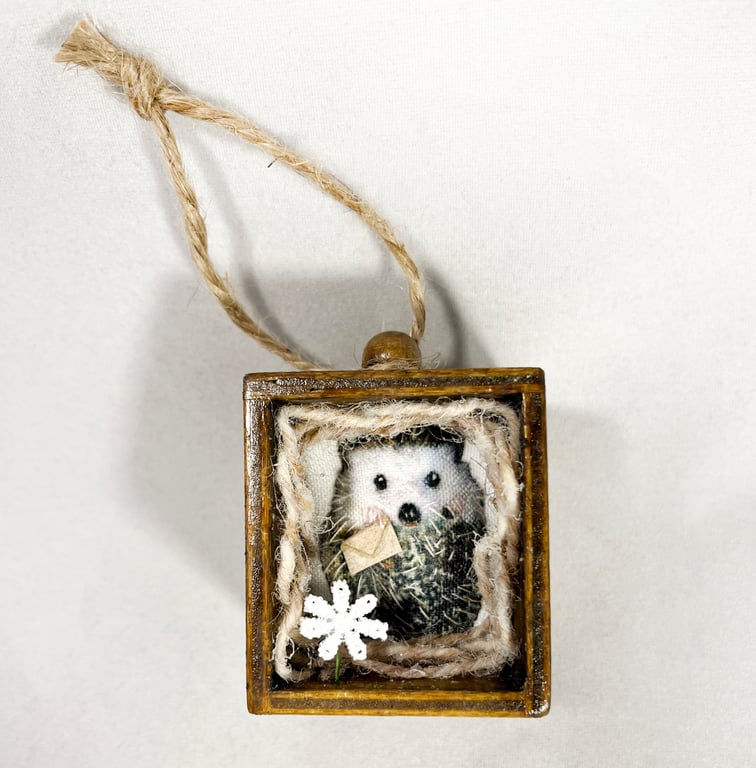 Miniature Hedgehog textile art in wooden drawer box, 3D fabric wall hanging