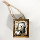 Miniature Hedgehog textile art in wooden drawer box, 3D fabric wall hanging