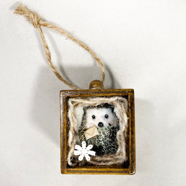 Miniature Hedgehog textile art in wooden drawer box, 3D fabric wall hanging