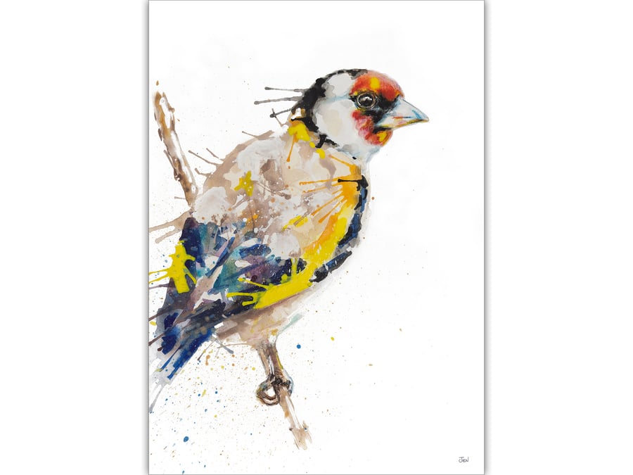 Goldfinch watercolour print, bird painting, abstract wall art
