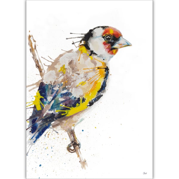 Goldfinch watercolour print, bird painting, abstract wall art