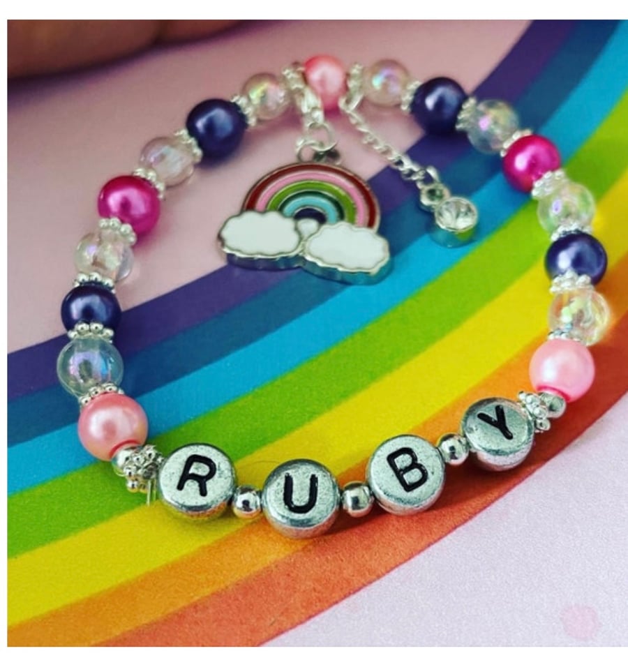Rhinestone charm rainbow bracelet personalised rainbow charm stretch beaded 