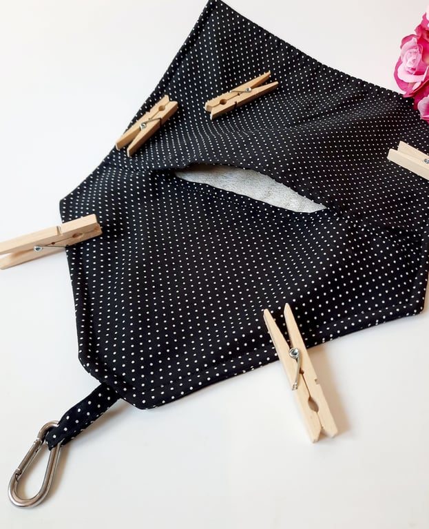 Black and white polkadot clip on peg bag, free uk delivery.  