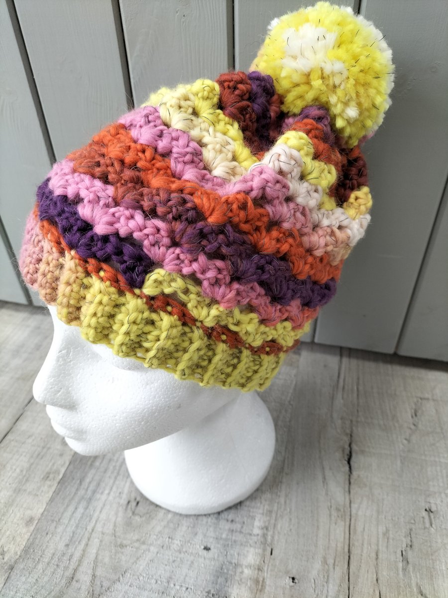 Hand crochet pompom bobble  chunky hat with reflective yarn